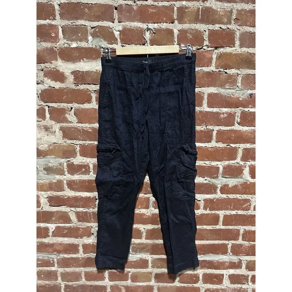 Theory Womens Blue Linen Pull On Cargo Pants Size Small